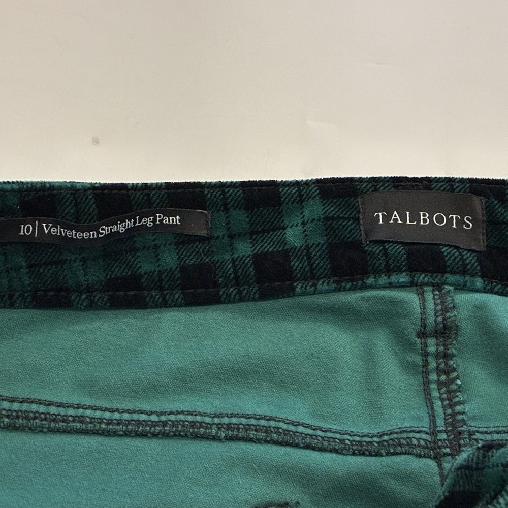 TALBOTS Velveteen Straight Leg Pants‎ Womens 10 Green Black Tartan Plaid Stretch - Picture 5 of 9